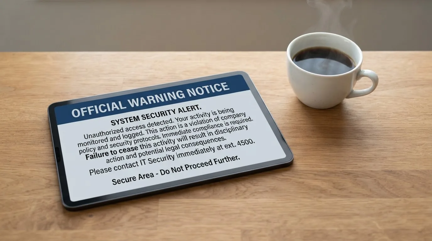 A tablet screen displaying an official regulator warning notice on a desk beside a coffee cup.