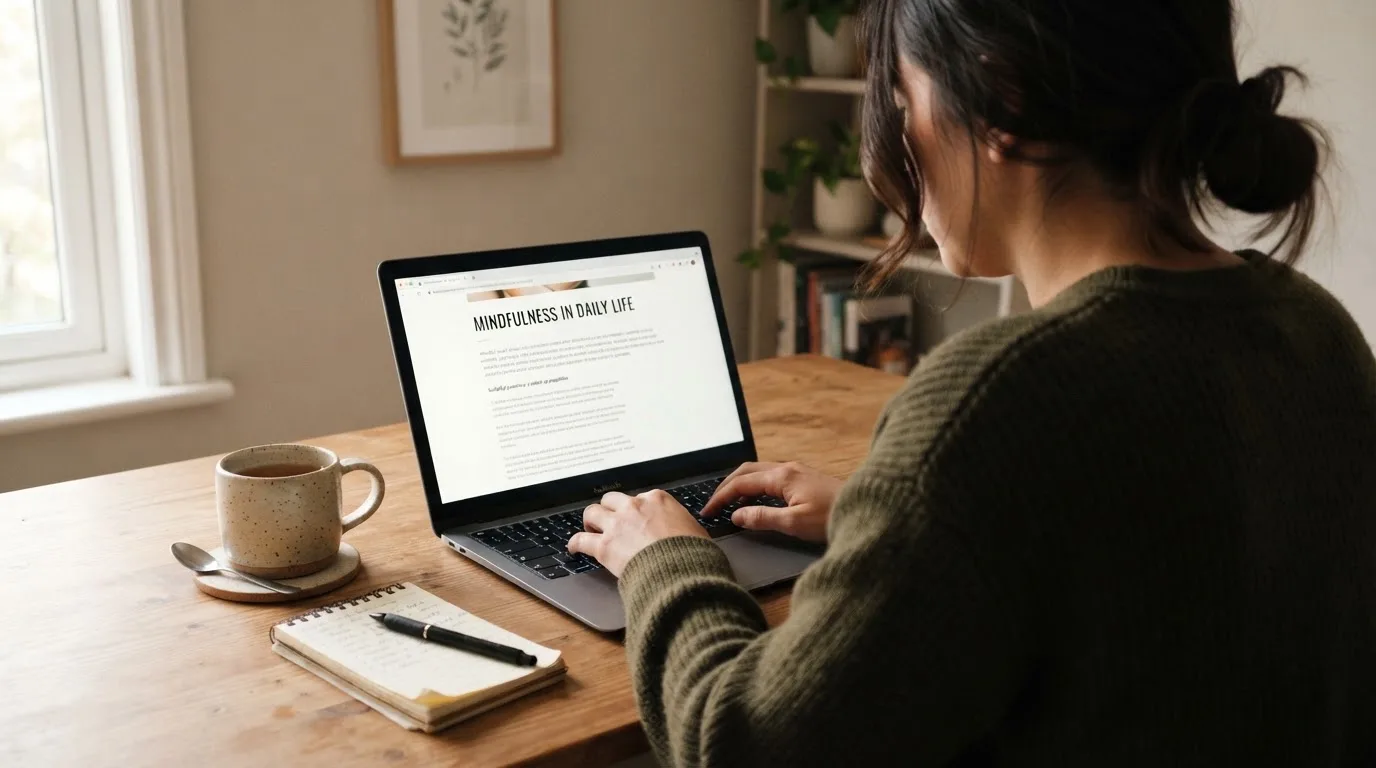 A person at a laptop reading a plain-language explainer article at a home desk.