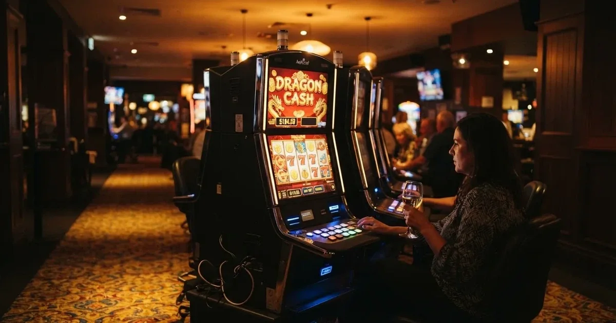 Gaming machines lined up inside a licensed club in central Canberra.