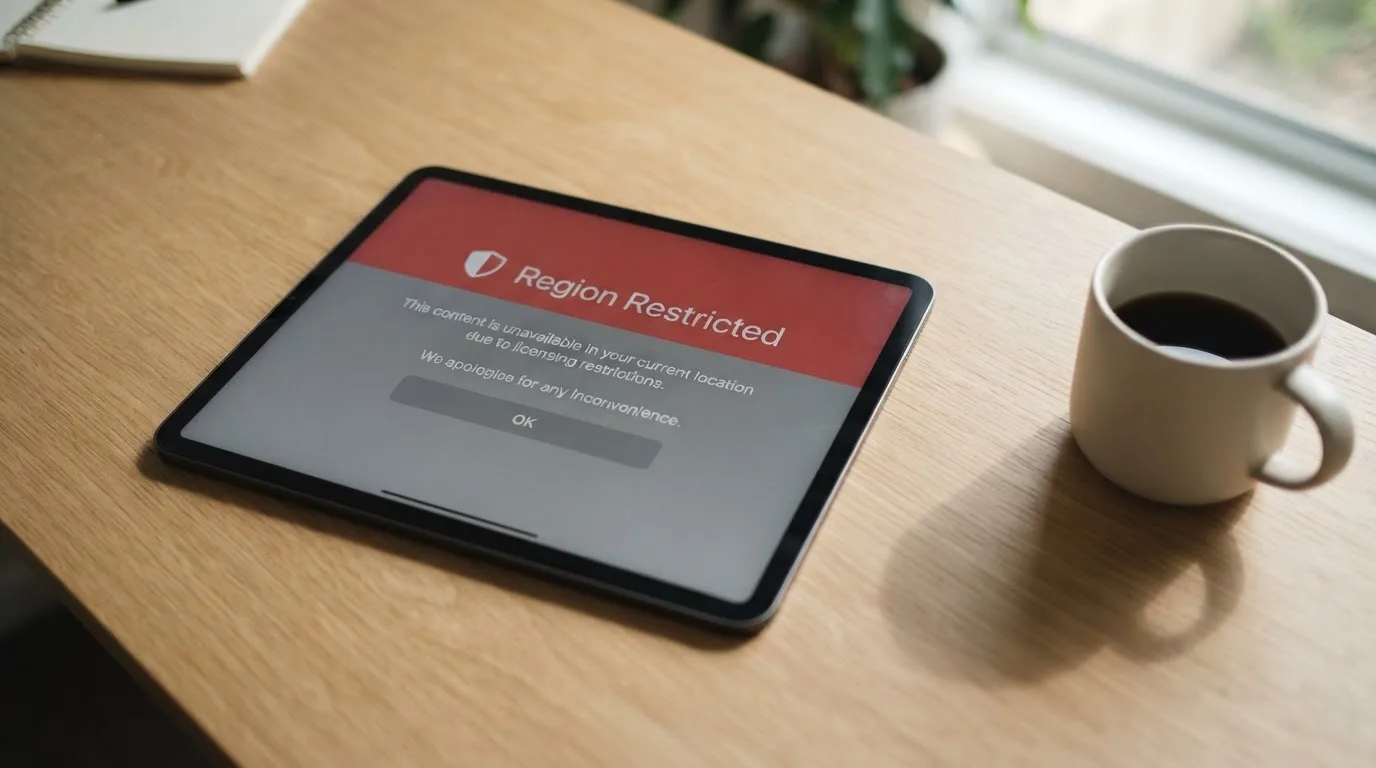 A tablet screen displaying an official regulator warning notice on a desk beside a coffee cup.