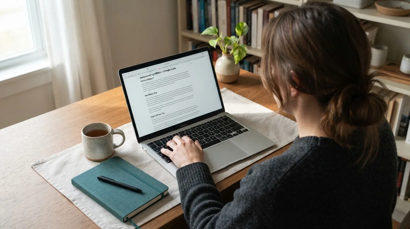 A person at a laptop reading a plain-language explainer article at a home desk.