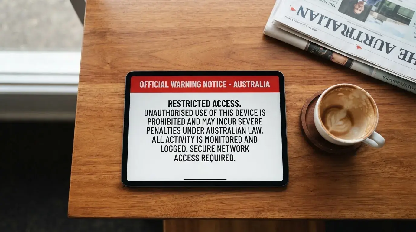 A tablet screen displaying an official regulator warning notice on a desk beside a coffee cup.