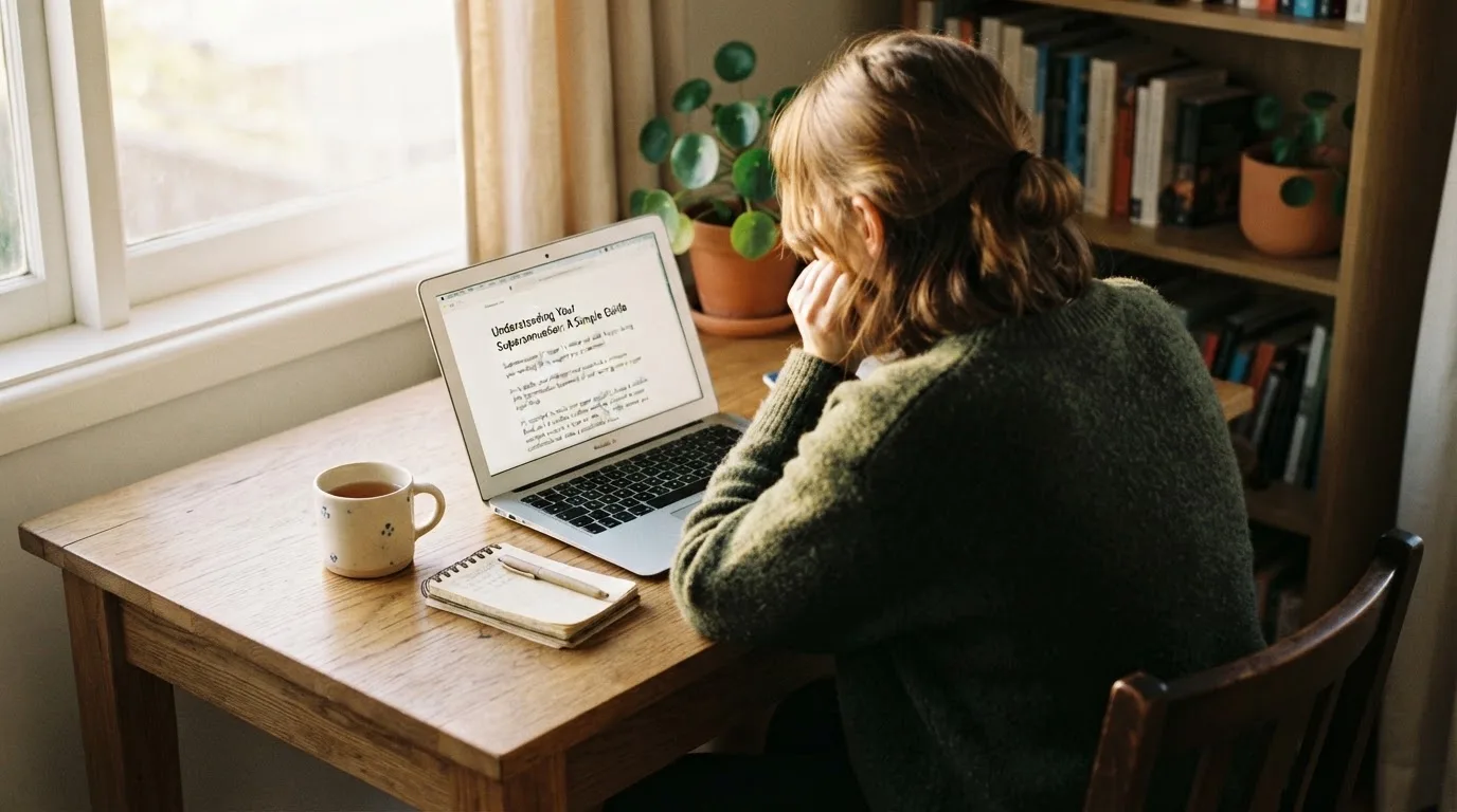 A person at a laptop reading a plain-language explainer article at a home desk.