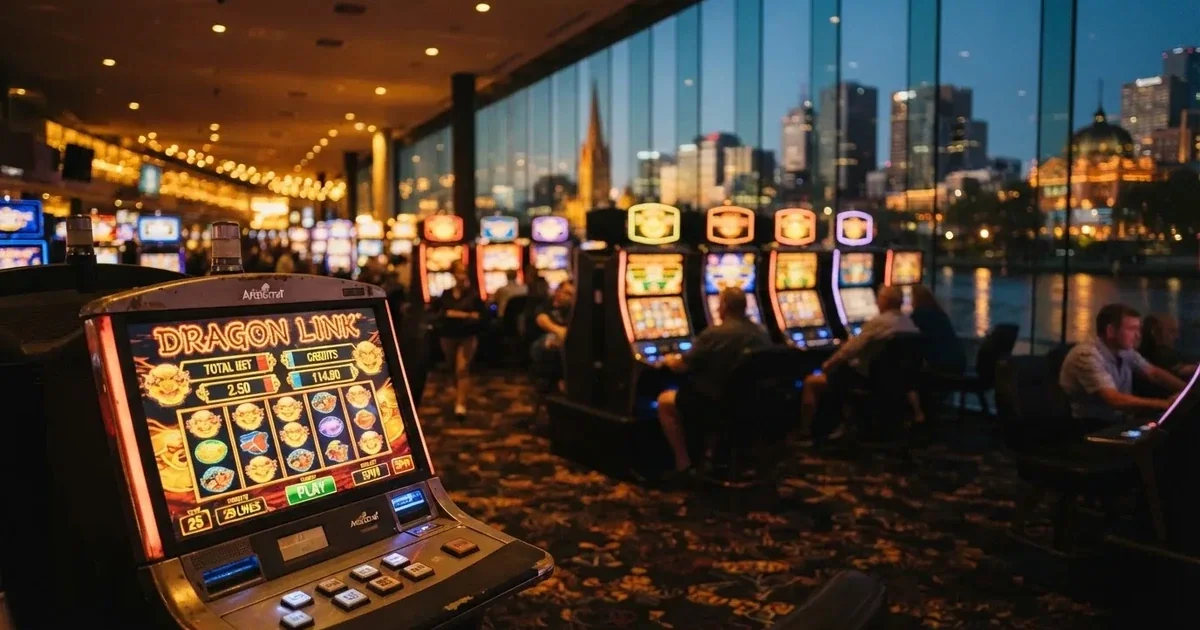 A gaming floor with rows of electronic machines beside the Yarra River in Melbourne.