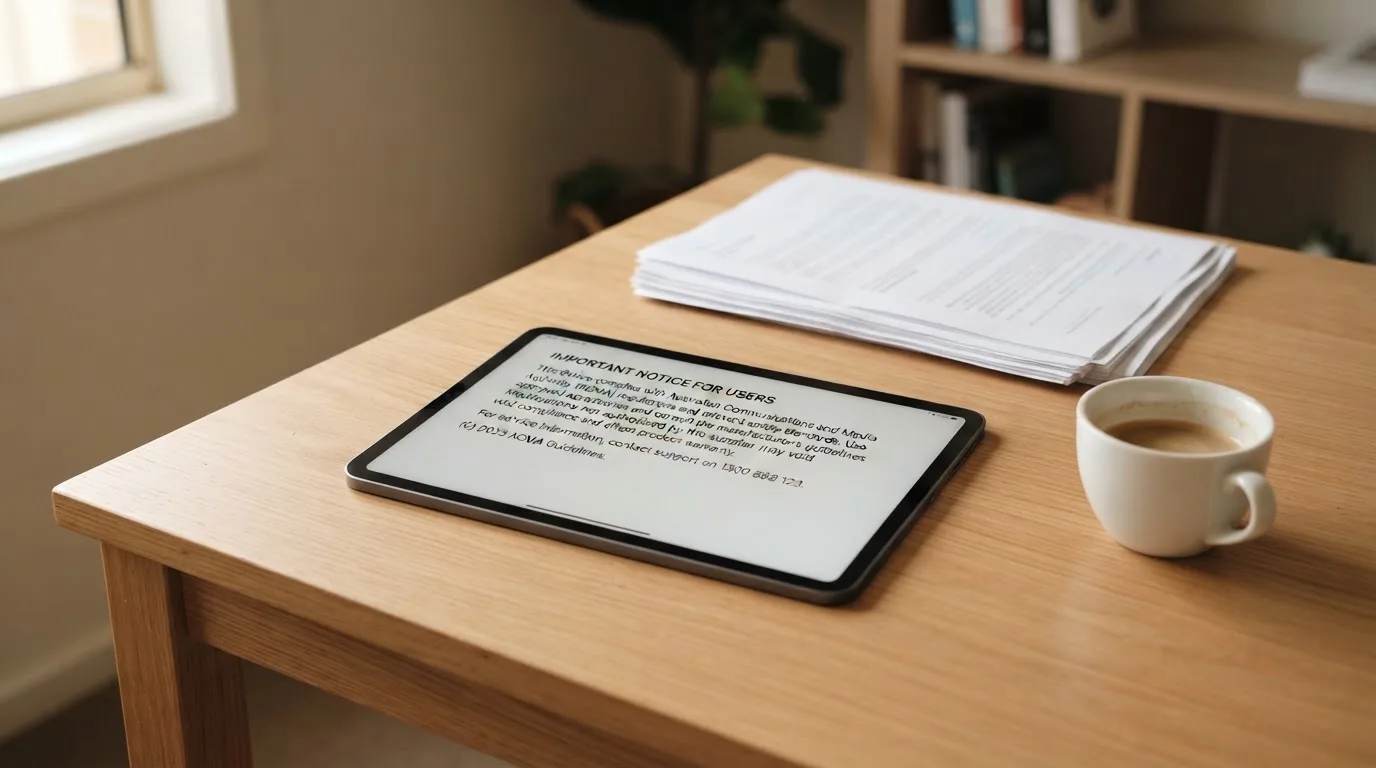 A tablet screen displaying an official regulator warning notice on a desk beside a coffee cup.