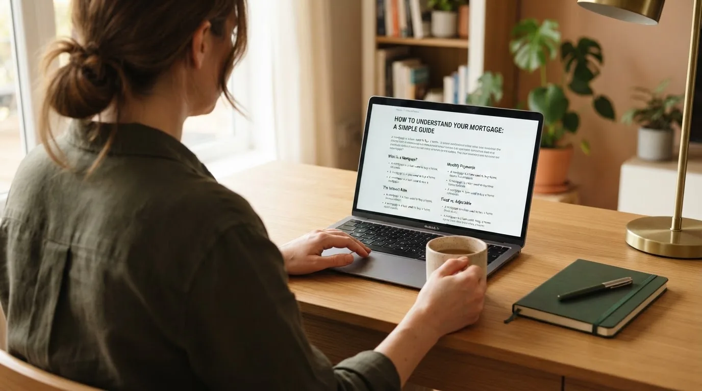 A person at a laptop reading a plain-language explainer article at a home desk.