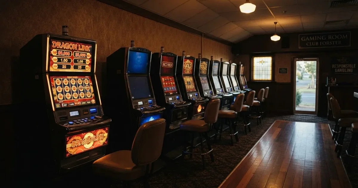A row of gaming machines inside a suburban registered club in regional New South Wales.