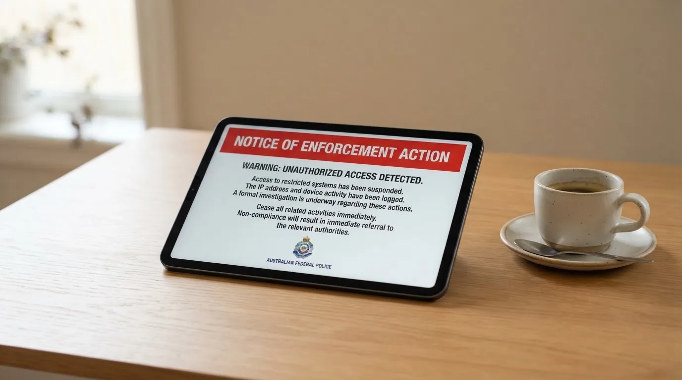 A tablet screen displaying an official regulator warning notice on a desk beside a coffee cup.