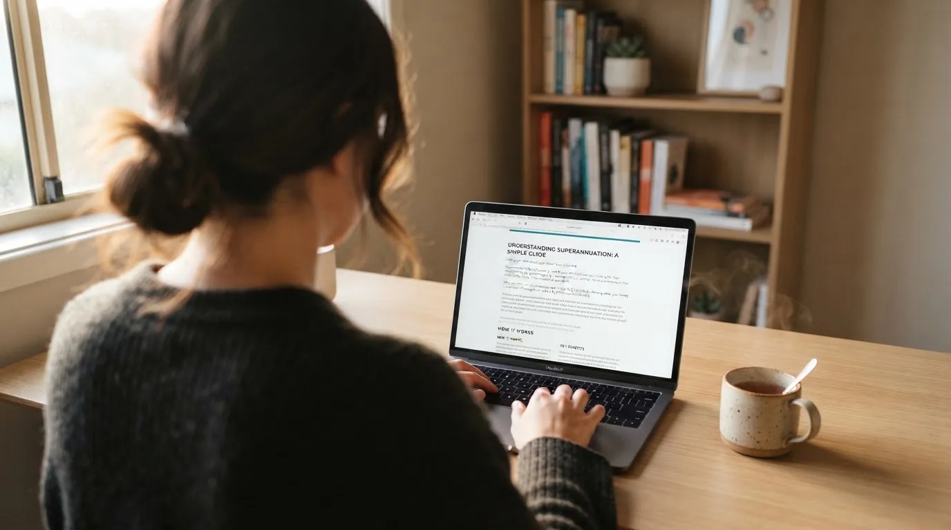 A person at a laptop reading a plain-language explainer article at a home desk.