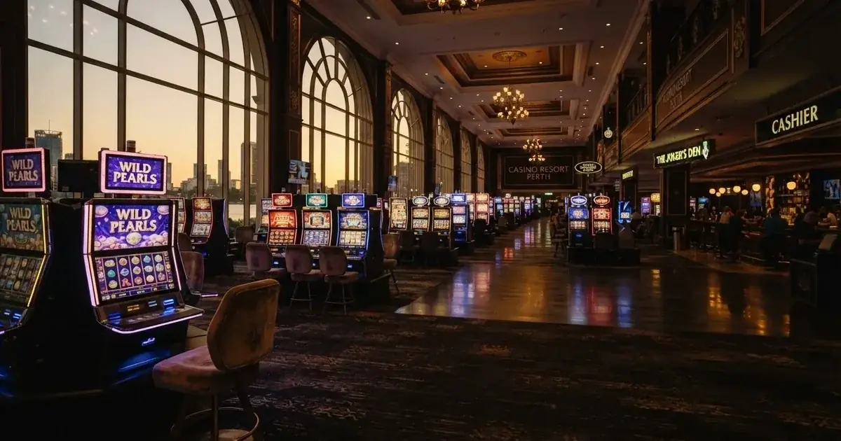 A casino resort gaming floor with rows of electronic machines in Perth.