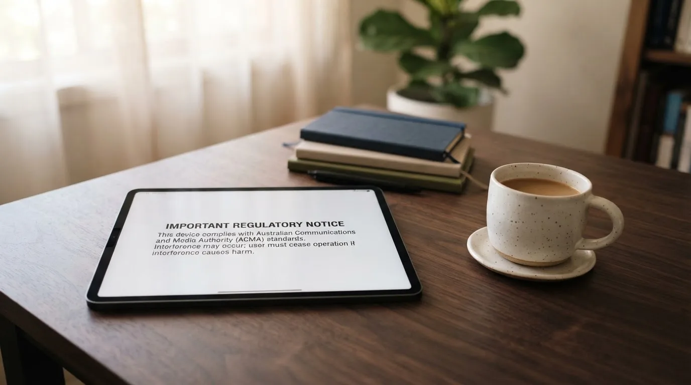 A tablet screen displaying an official regulator warning notice on a desk beside a coffee cup.