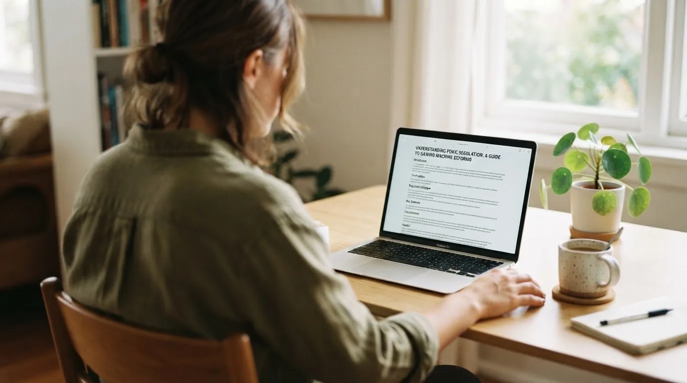 A person at a laptop reading a plain-language explainer article at a home desk.