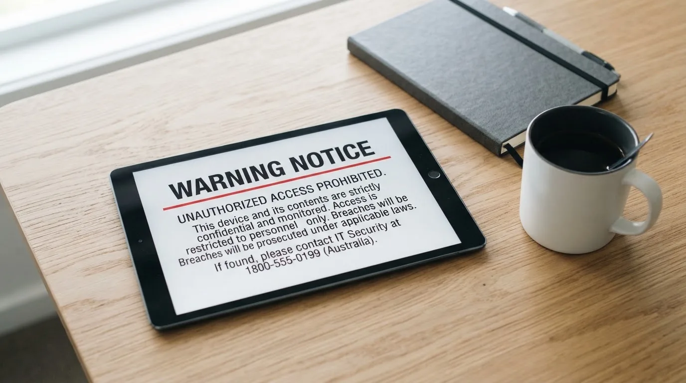 A tablet screen displaying an official regulator warning notice on a desk beside a coffee cup.