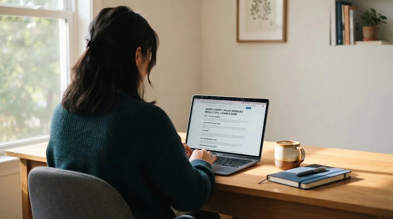 A person at a laptop reading a plain-language explainer article at a home desk.