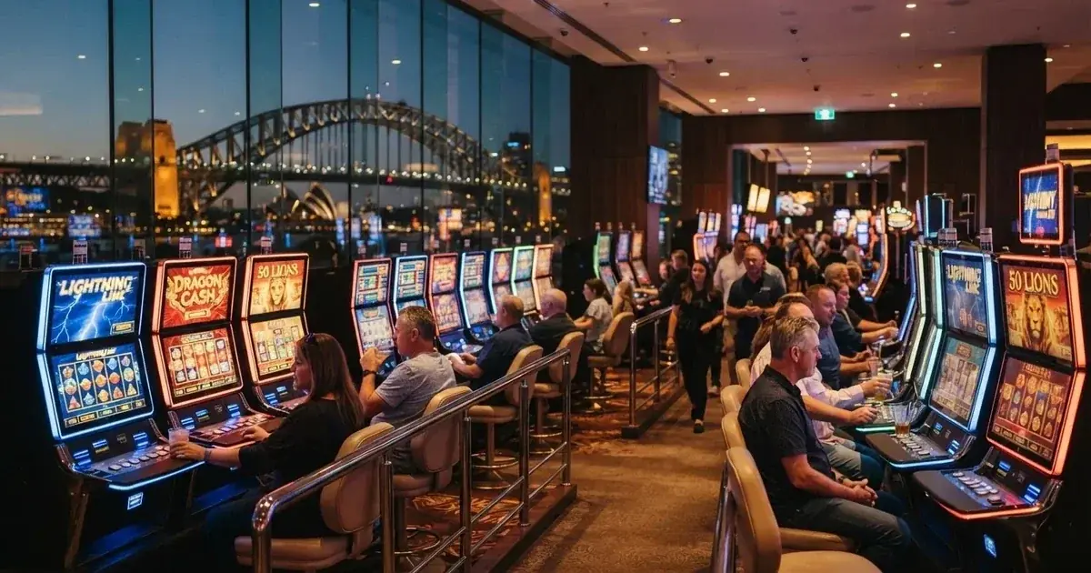A casino gaming floor overlooking the harbour precinct in Sydney.