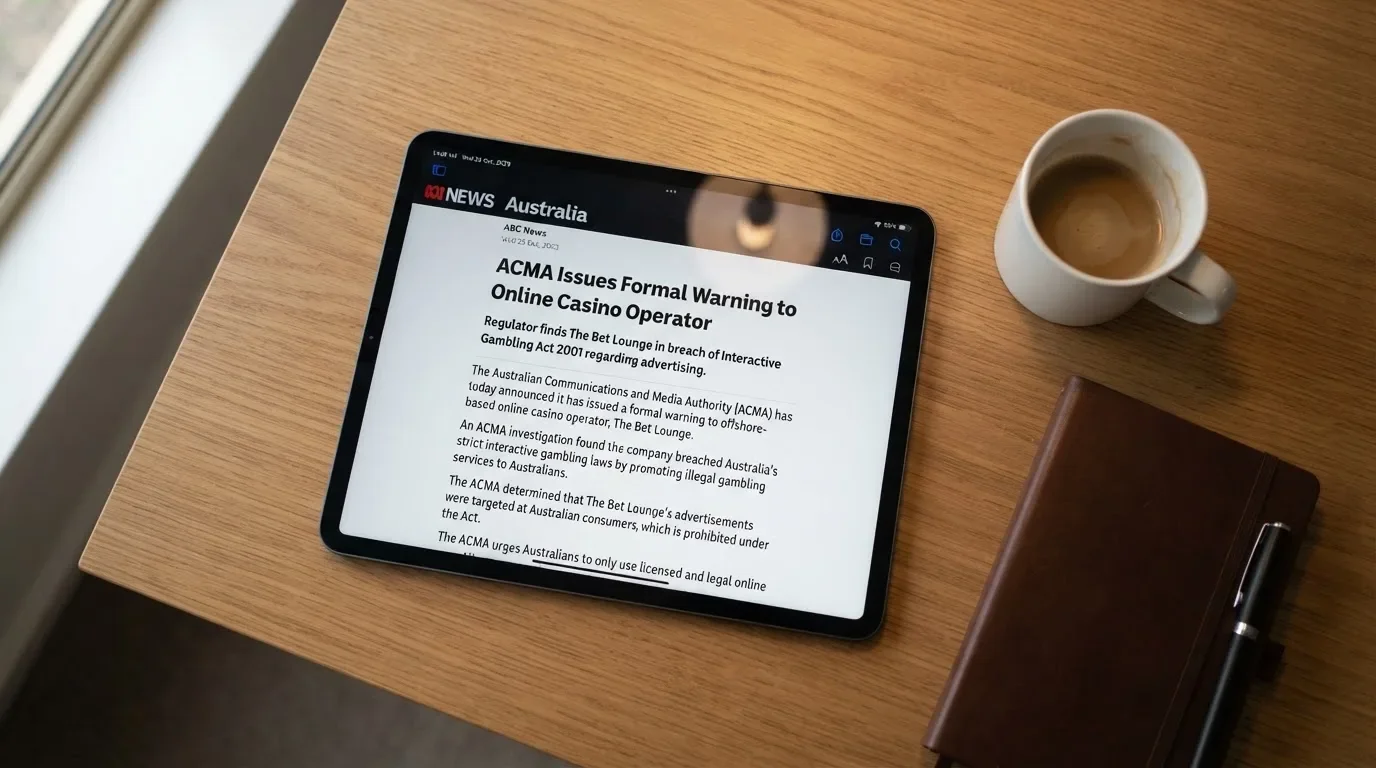 A tablet screen displaying an official regulator warning notice on a desk beside a coffee cup.