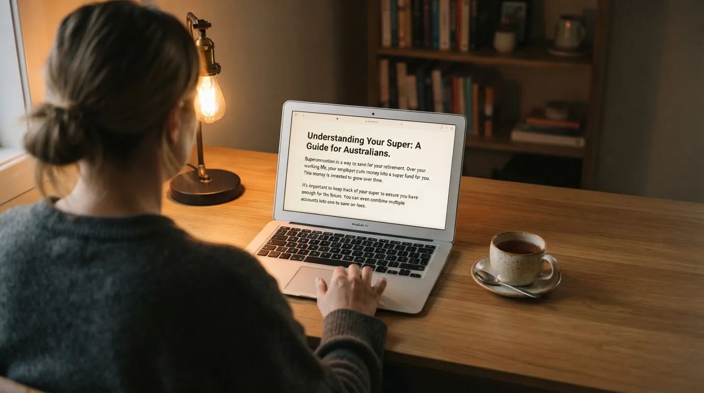 A person at a laptop reading a plain-language explainer article at a home desk.