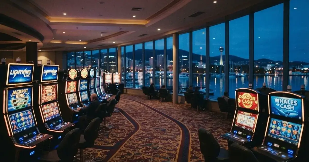 A quiet casino gaming floor inside a waterfront resort in Hobart.