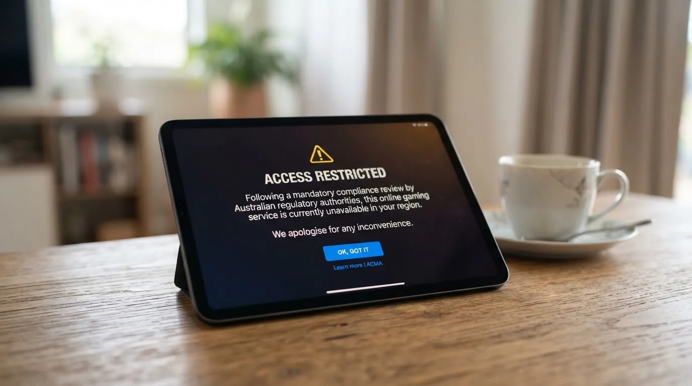 A tablet screen displaying an official regulator warning notice on a desk beside a coffee cup.