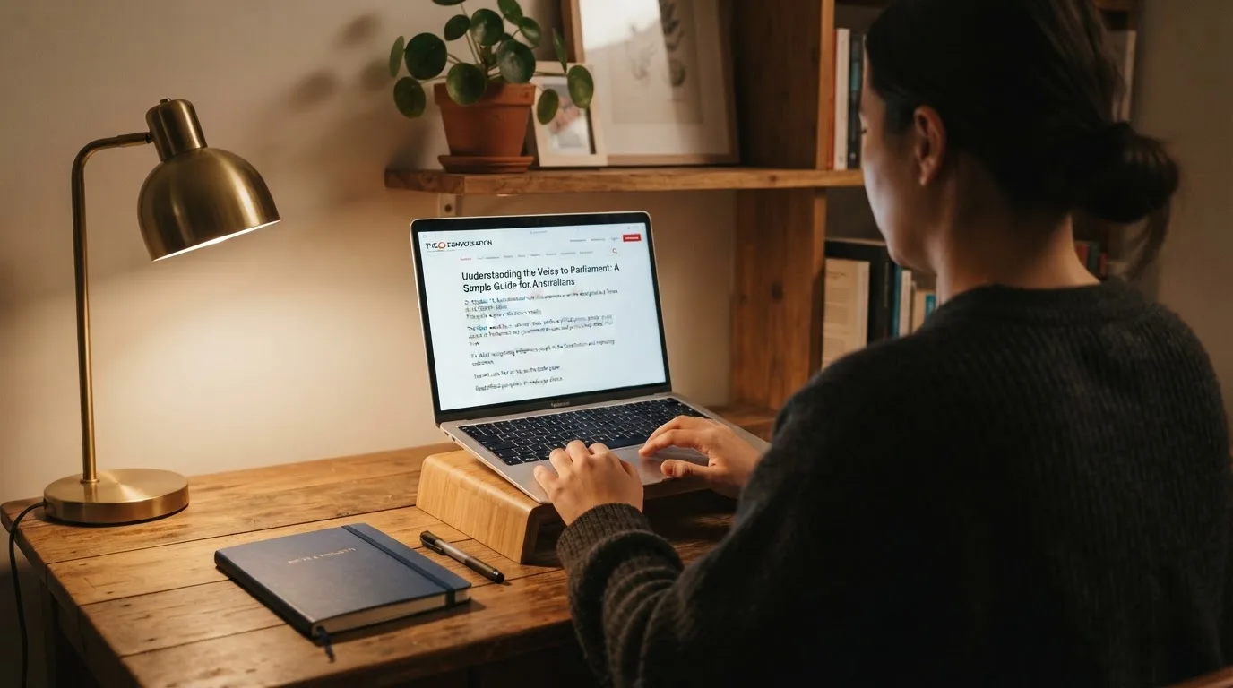 A person at a laptop reading a plain-language explainer article at a home desk.