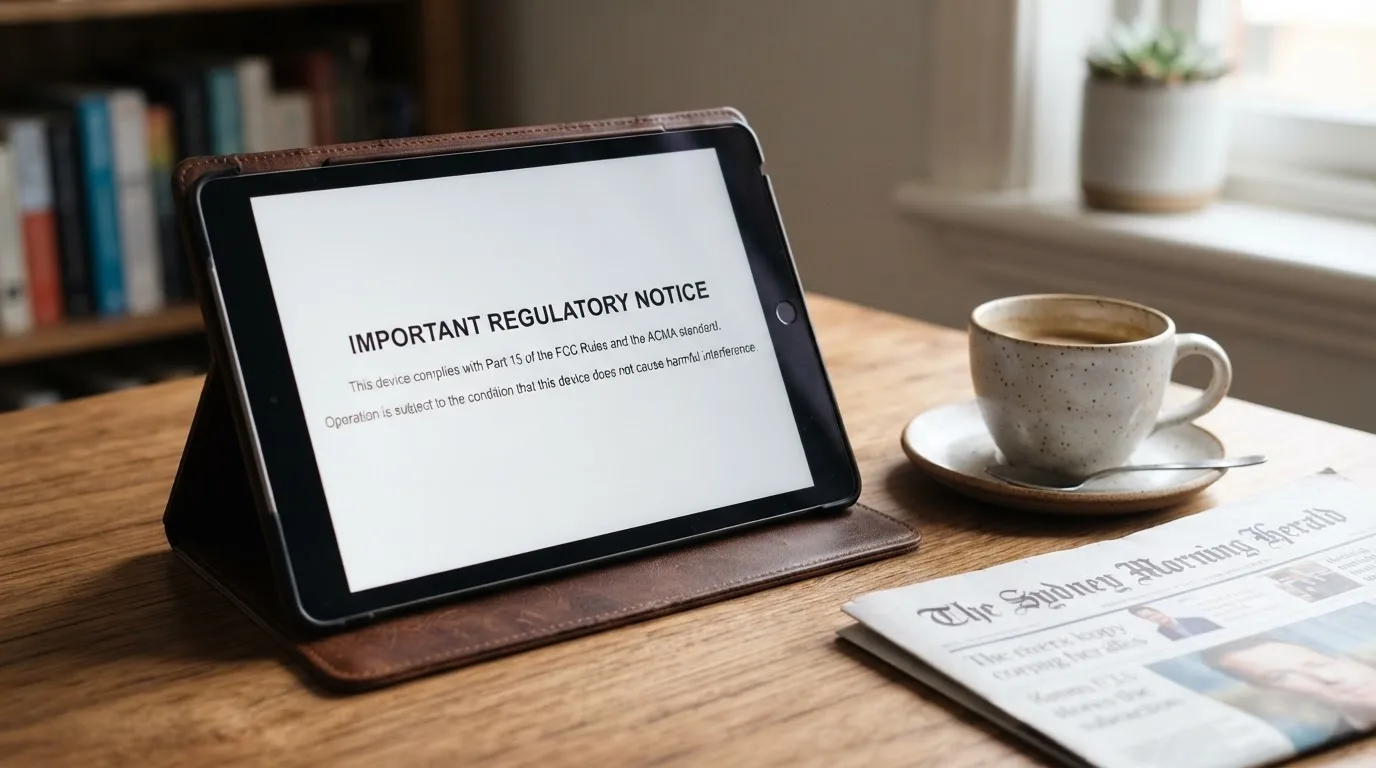 A tablet screen displaying an official regulator warning notice on a desk beside a coffee cup.