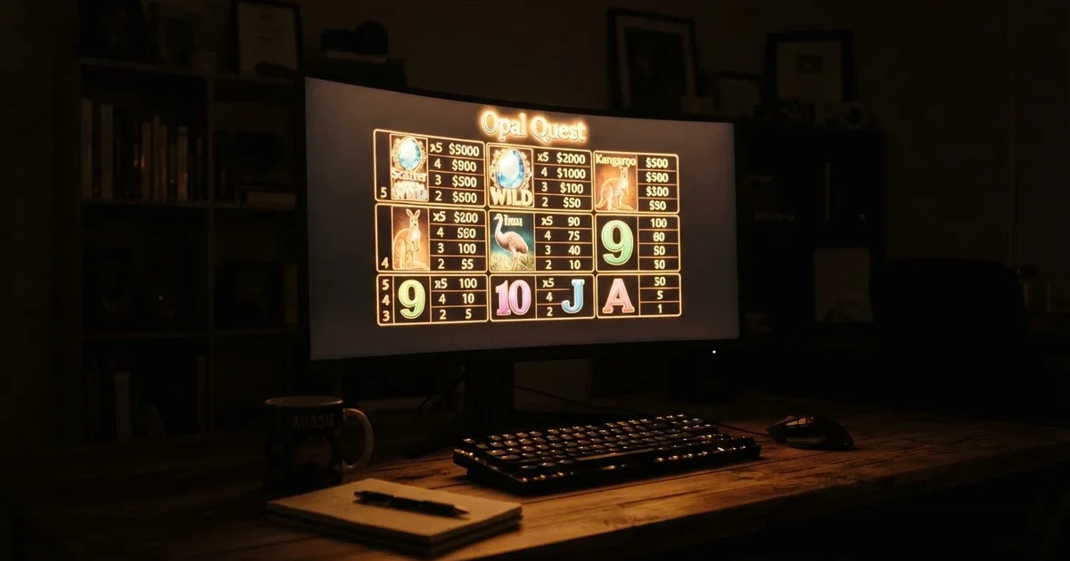 A slot machine's paytable screen glowing on a monitor in a dim room.