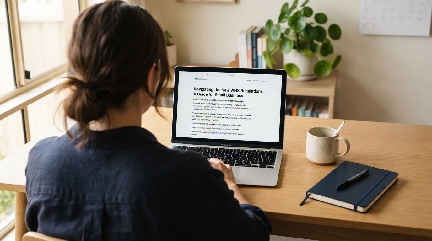 A person at a laptop reading a plain-language explainer article at a home desk.