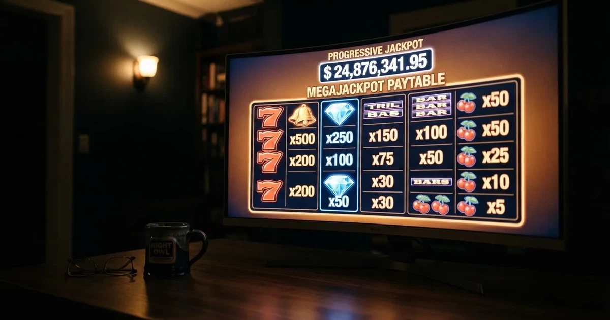 A slot machine's paytable screen glowing on a monitor in a dim room.