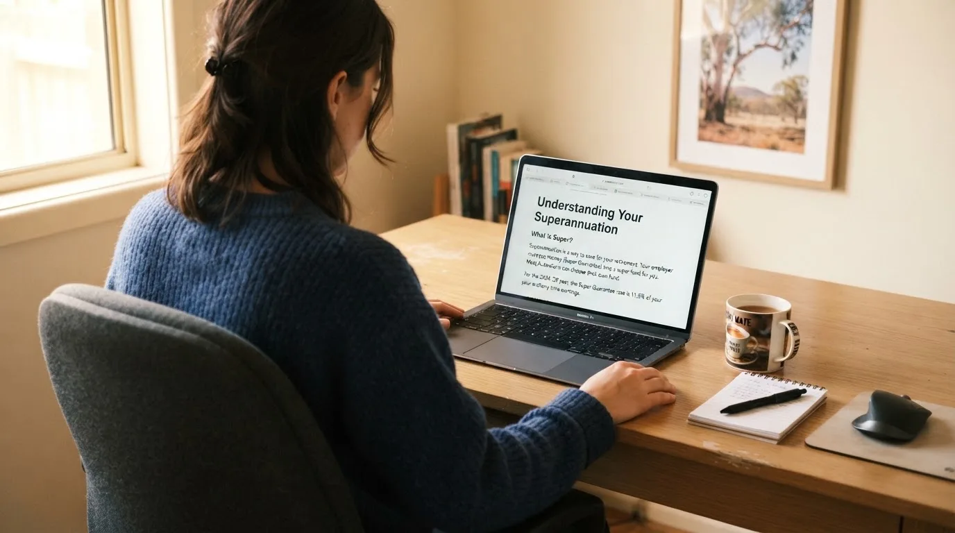 A person at a laptop reading a plain-language explainer article at a home desk.