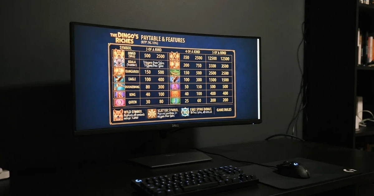 A slot machine's paytable screen glowing on a monitor in a dim room.