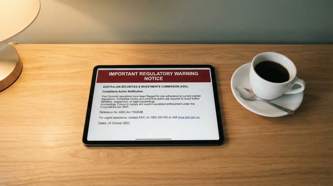 A tablet screen displaying an official regulator warning notice on a desk beside a coffee cup.