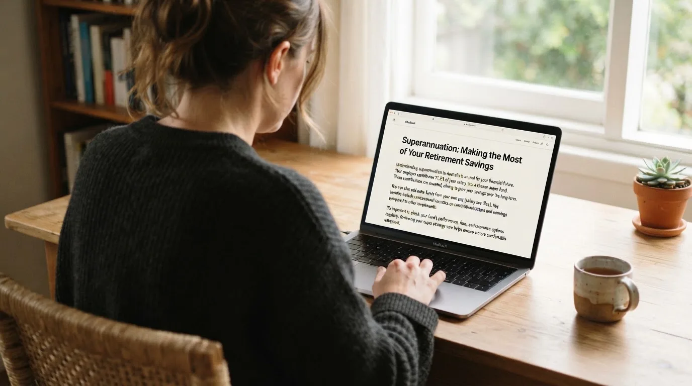A person at a laptop reading a plain-language explainer article at a home desk.