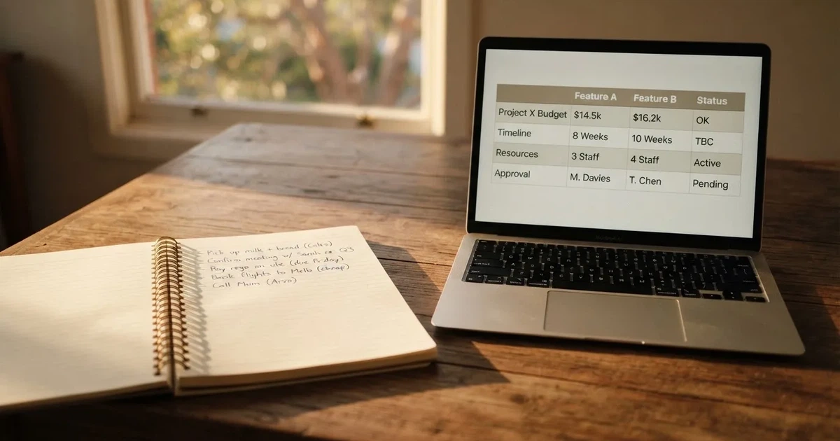 A notepad with a handwritten shortlist beside a laptop showing a comparison table.