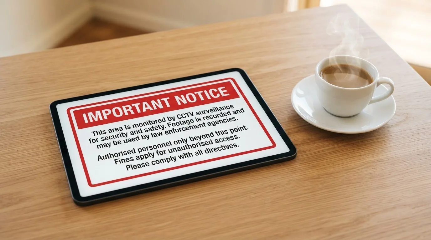 A tablet screen displaying an official regulator warning notice on a desk beside a coffee cup.