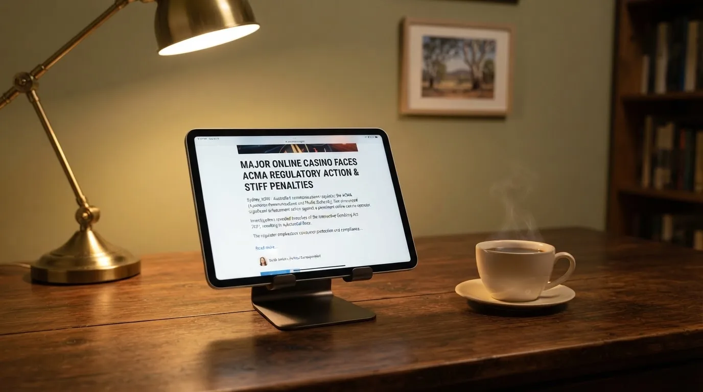 A tablet screen displaying an official regulator warning notice on a desk beside a coffee cup.