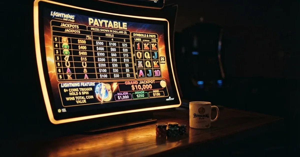 A slot machine's paytable screen glowing on a monitor in a dim room.
