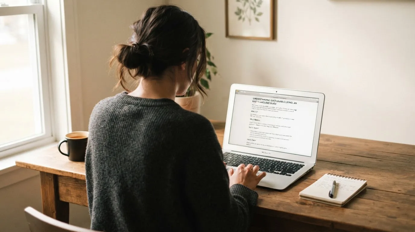 A person at a laptop reading a plain-language explainer article at a home desk.