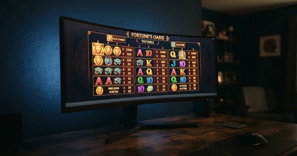 A slot machine's paytable screen glowing on a monitor in a dim room.