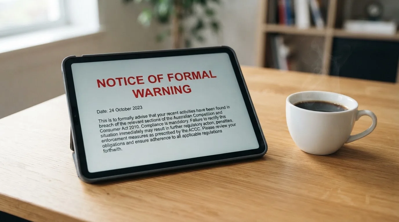 A tablet screen displaying an official regulator warning notice on a desk beside a coffee cup.