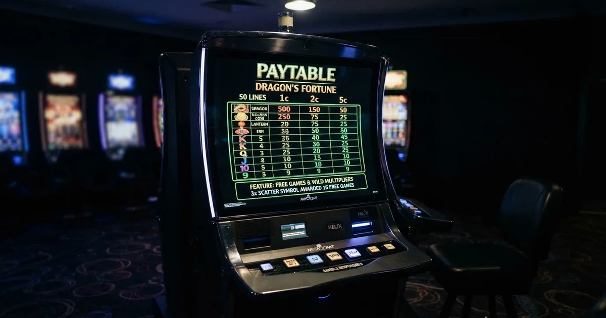 A slot machine's paytable screen glowing on a monitor in a dim room.