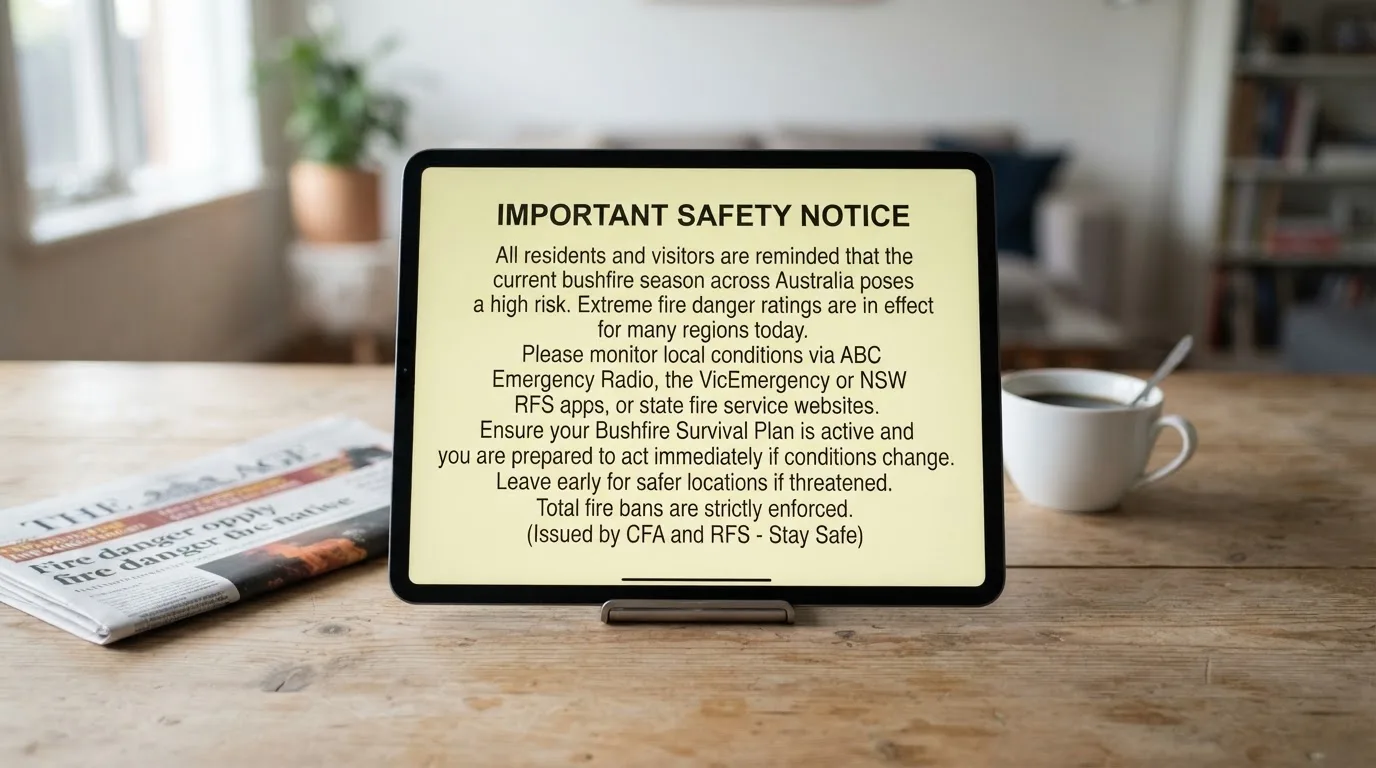 A tablet screen displaying an official regulator warning notice on a desk beside a coffee cup.