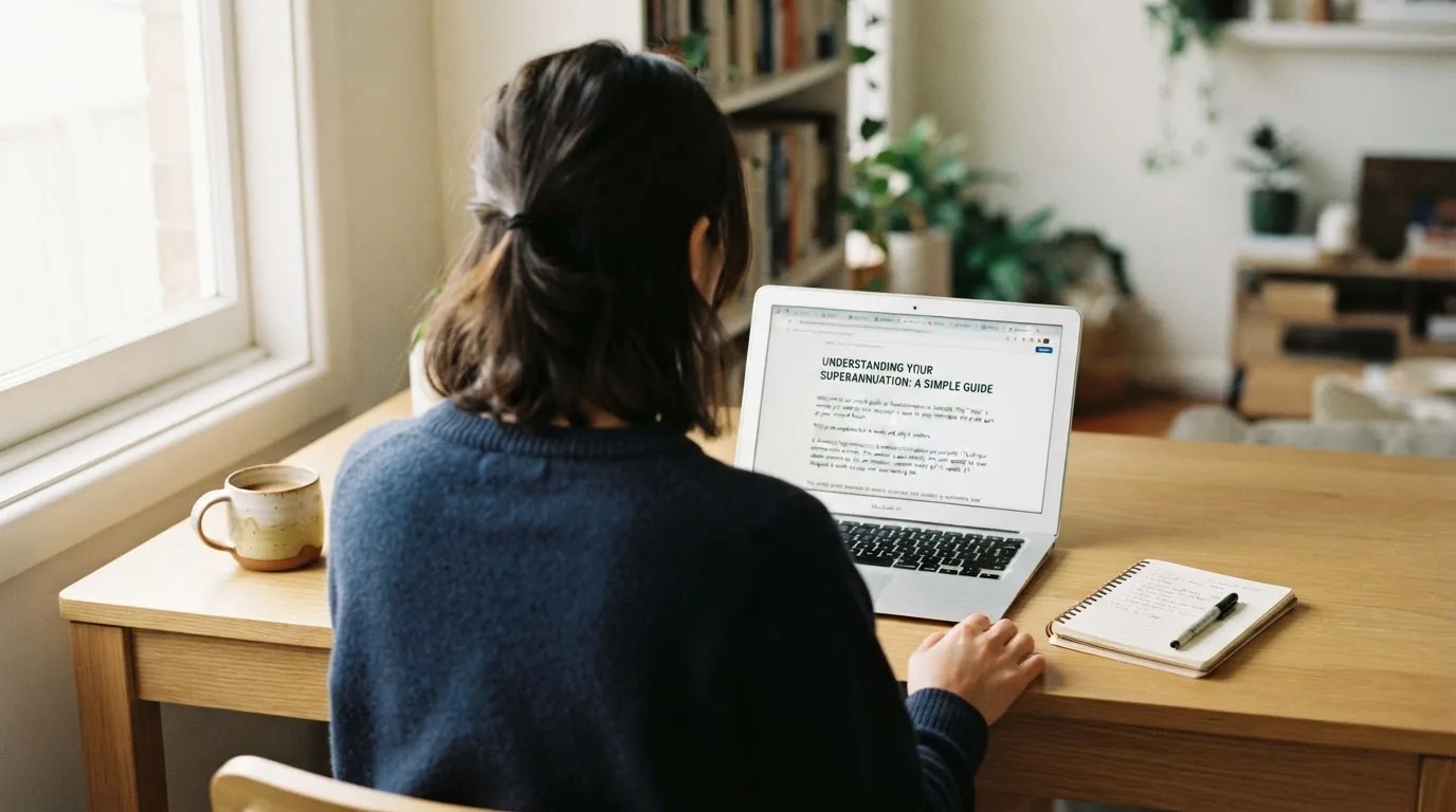 A person at a laptop reading a plain-language explainer article at a home desk.