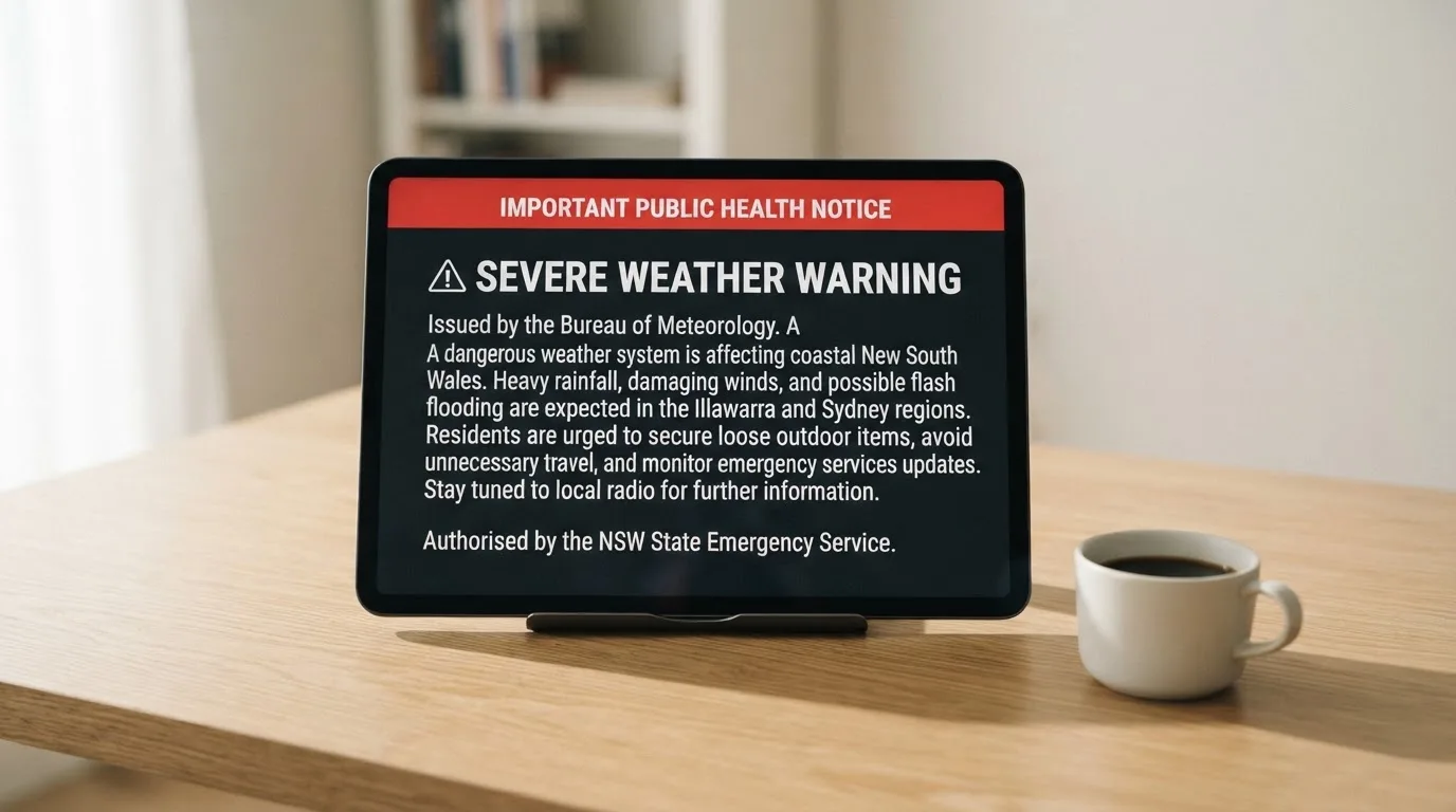 A tablet screen displaying an official regulator warning notice on a desk beside a coffee cup.