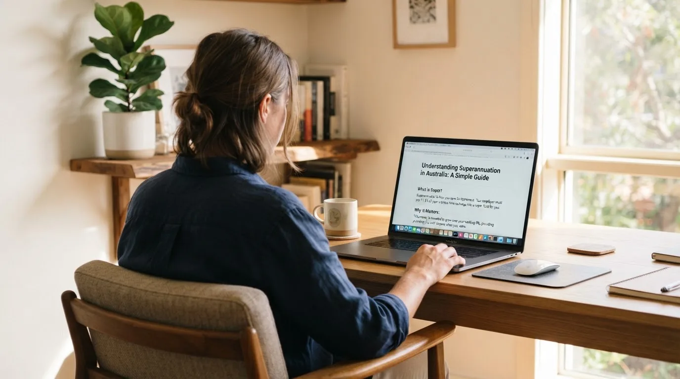 A person at a laptop reading a plain-language explainer article at a home desk.