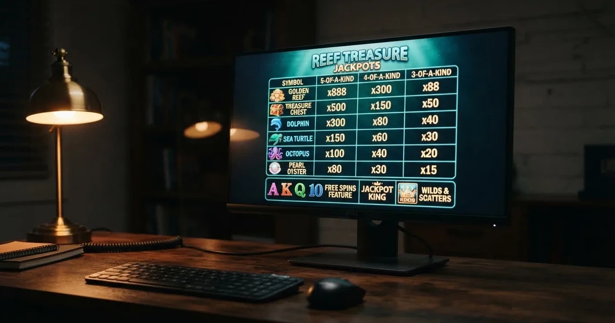 A slot machine's paytable screen glowing on a monitor in a dim room.