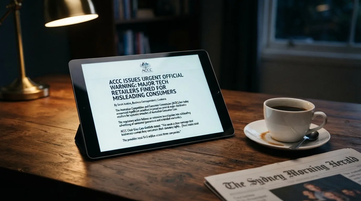 A tablet screen displaying an official regulator warning notice on a desk beside a coffee cup.
