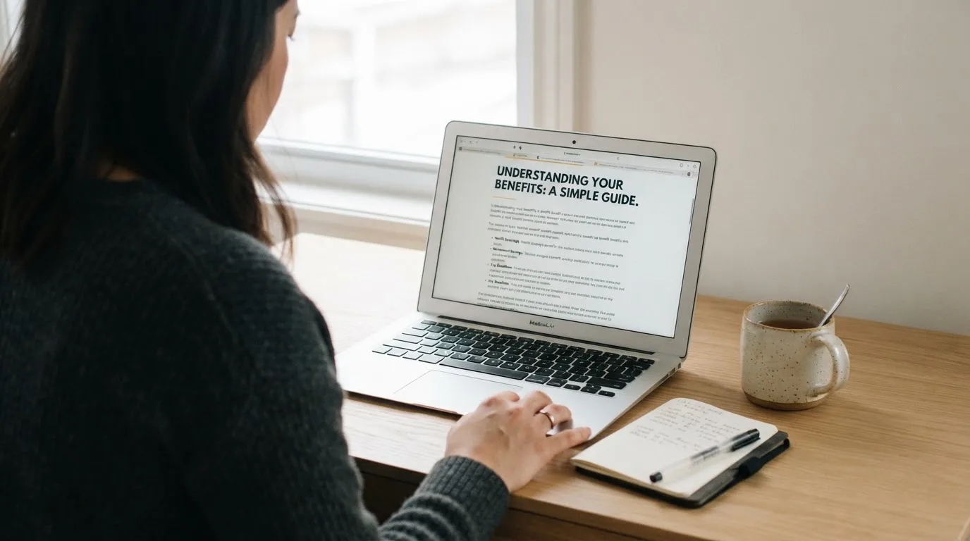 A person at a laptop reading a plain-language explainer article at a home desk.