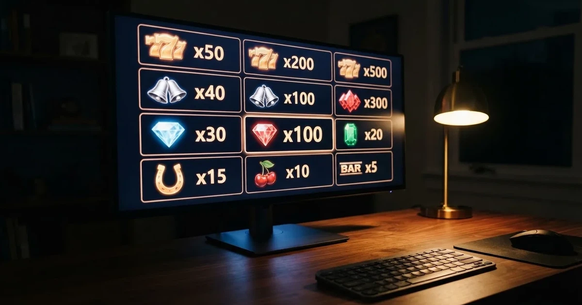 A slot machine's paytable screen glowing on a monitor in a dim room.