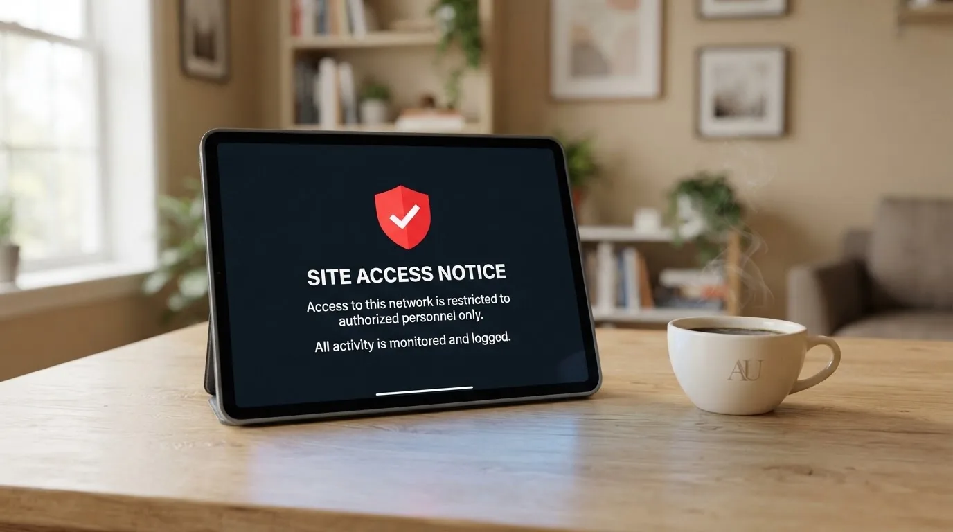 A tablet screen displaying an official regulator warning notice on a desk beside a coffee cup.