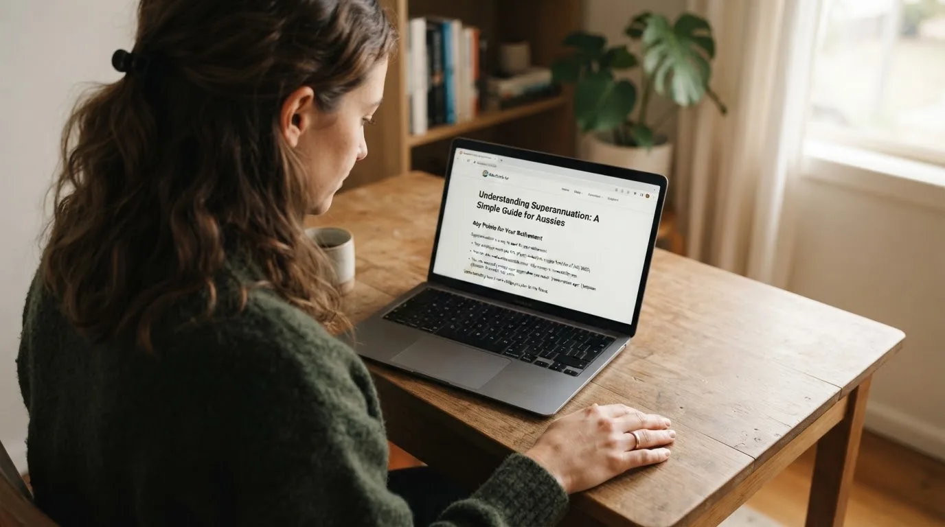 A person at a laptop reading a plain-language explainer article at a home desk.
